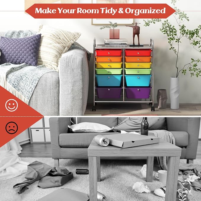 GOFLAME 12-Drawer Rolling Storage Cart, Multipurpose Organizer Cart with 2 Sizes Plastic Drawers, Mobile Utility Cart with Lockable Casters for School, Home Office, Beauty Salon, Multicolored - Image 7