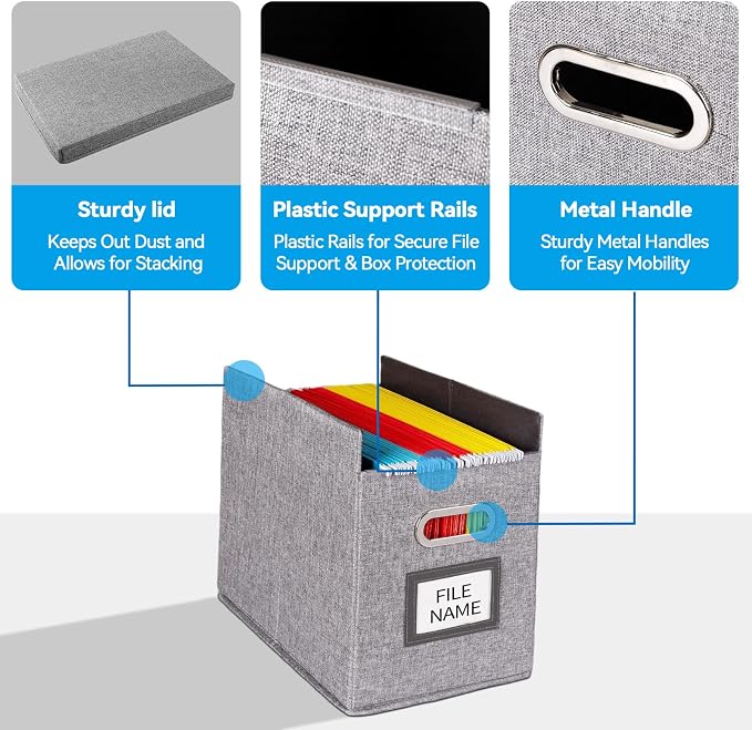4 Pack Hanging File Folders Organizer with Lid, Letter Size Fabric File Storage Box Collapsible, Portable Office Document Holder with Metal Handle, Smooth PVC Rails, Gray - Image 5