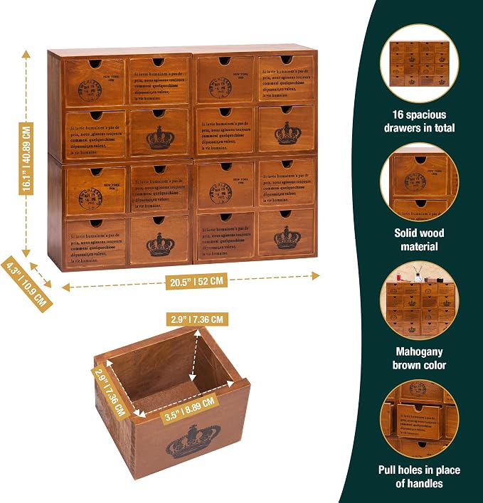 Modular Stackable Set of 4 Mahogany Brown Wood Storage Drawers for Desktop - 16-Drawer Stackable Desk Organizers - Vintage Style Office & Study Table Wooden Storage Boxes, Fully Assembled - Image 2