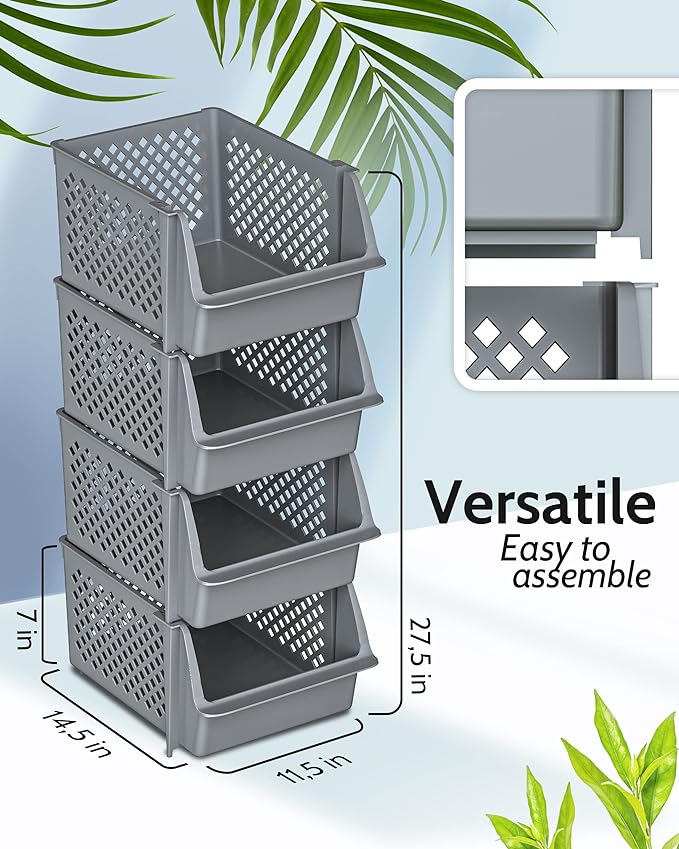 Skywin Stackable Storage Bins Open Front for Pantry Storage, 4 Pack - Grey | Sturdy Plastic, Easy Stacking, Open Front Access, Ventilated Sides, Vertical & Space Saving Pantry Organizers and Storage Bin - Image 2