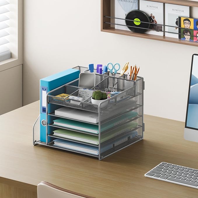 Lavatino 5-Tier Metal Mesh Desk Organizer with File Holder & 7 Customizable Compartments | Paper Letter Tray for Office or Home Desk Storage | Keep Workspace Supplies Neat & Organized, Silver - Image 4