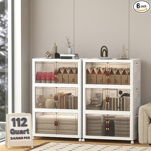 672QT Lockable Plastic Storage Bins,6 Pack Collapsible Cabinets | Stackable Organizer with Doors & Wheels, Foldable Containers for Bedroom, Dorm, Office & Garage Storage by UAMFURIDirect