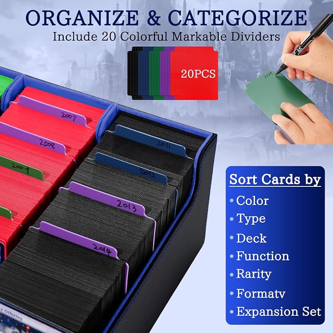 5 Row Trading Card Storage Box, 3800+Bulk Card Organizer Box with 20 Dividers & 5 Supporters, Graded Card Deck Box for YuGiOh, MTG, TCG Black/Blue - Image 3