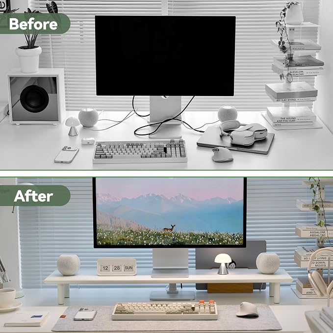 Bamboo Dual Monitor Stand Riser, White Desk Shelf with Storage | 39.37-Inch Wide, 3.5-Inch Clearance, Fits Keyboards, Soundbars and Two 24-Inch Monitors for Home Office - Image 5