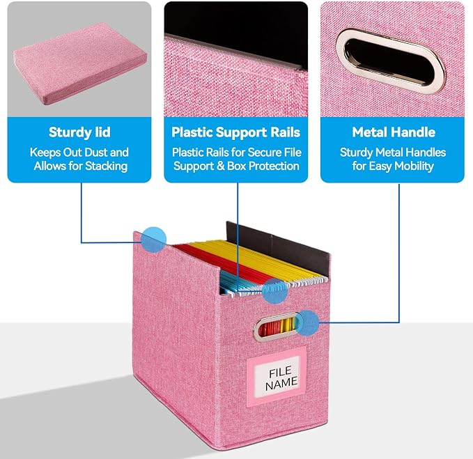 2 Pack Hanging File Folders Organizer with Lid, Letter Size Fabric File Storage Box Collapsible, Portable Office Document Holder with Metal Handle, Smooth PVC Rails, Pink - Image 5