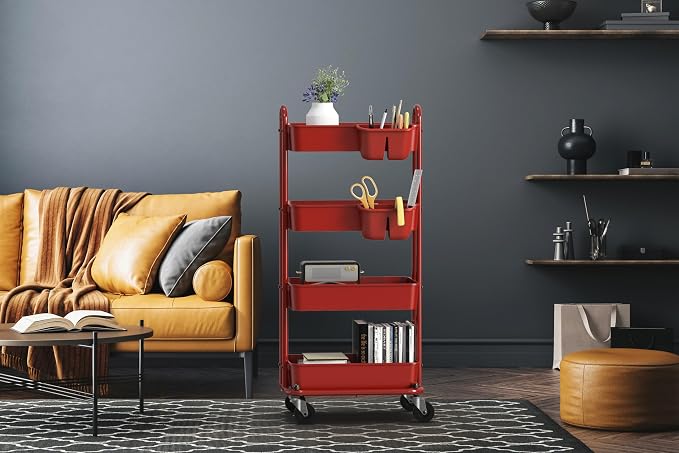 Simple Houseware 4-Tier Rolling Utility Cart with Hanging Bucket, Red | Storage for Bathroom, Kitchen, Office, Study Room, Nursery Diaper - Image 7