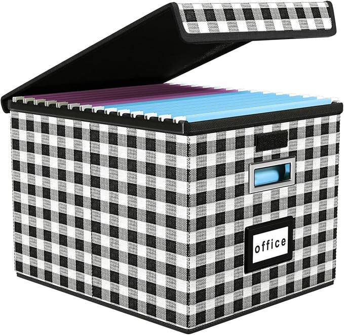 File Organizer Box with Lids, Collapsible File Folder Organizer | File Box with Plastic Slides for Document, Filing Bin for Letter Size Hanging File Folders (1 Pack, Black & White Lattice) by Huolewa