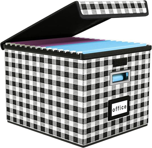 File Organizer Box with Lids, Collapsible File Folder Organizer | File Box with Plastic Slides for Document, Filing Bin for Letter Size Hanging File Folders (1 Pack, Black & White Lattice) by Huolewa
