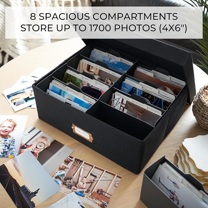 ZICOTO Decorative Photo Storage Box - Sturdy Linen Photo Organizer with Dividers is Perfect to Store Up to 1700 Pictures and 4x6 Photos - Portable Scrapbook Storage Containers with Lid - Image 5