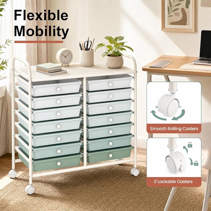 GOFLAME 12-Drawer Rolling Storage Cart, Art Craft Organizer Cart, Mobile Utility Storage Cart with Removable Drawers & Lockable Wheels, Craft Cart for Home Office School, Green Gradient - Image 5