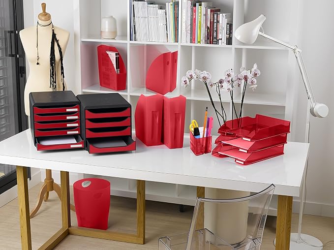 Exacompta - Ref 3097218D - BIG-BOX PLUS Desktop Drawer Set - 5 x 43mm Drawers, Suitable for A4+ Documents, 347 x 278 x 271mm, 100% Recycled Plastic - Black/Glossy Dark Red - Image 2