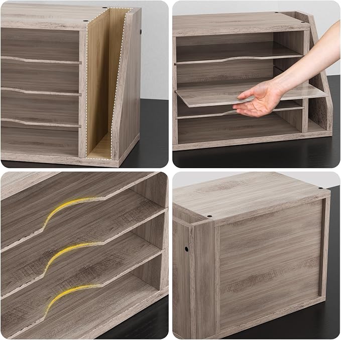 Wooden Mail Organizer, Desk Organizer with 3 Adjustable Shelves | Mail Sorter, File Organizer Desktop, Mail Holder for Home Office, Letter Sorter for Envelopes, Bills, Magazines, Greige - Image 4