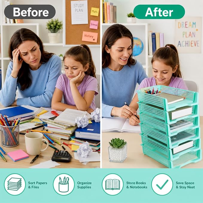 Set of 6 Teal Turn in Trays for Teachers Stackable Classroom Paper Letter Trays Plastic Classroom Desk Letter Organizer Tray Storage Baskets for Library, Drawers, Office, Home - Image 6