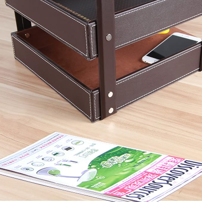 Very Sturdy 3 Tier Leather Desk File Rack for Office Supplies/Stationery/Folder,Stackable Letter Tray Organizer,Document Filing Organizer Holder for Desktop Storage (Brown)… - Image 6