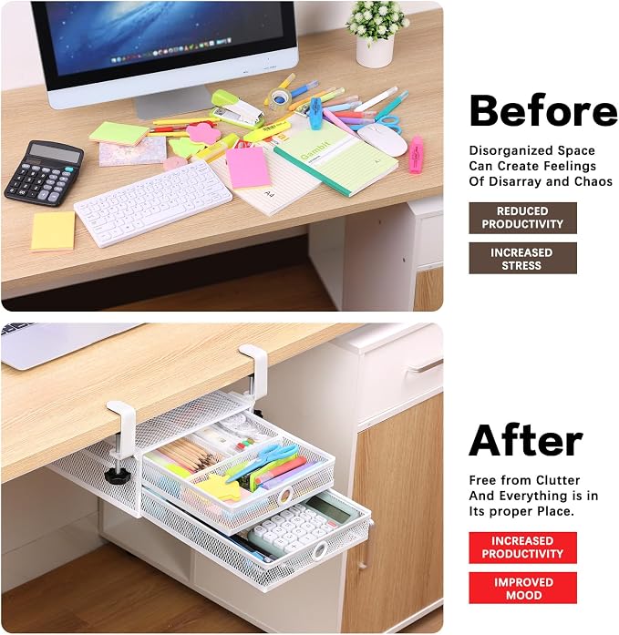 Under Desk Drawer, Clamp on Desk Organizer Slide Out Table Storage No Drill | 2Tier Under desk drawer: clamp on desk organizer, under desk drawer slide out, hanging desk organizer, no drill table storage - Image 6