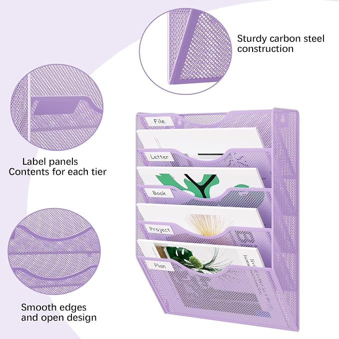 EasyPAG Wall File Organizer 5 Tier Hanging Paper Folder Holder, Zero Assembly Metal Mesh Wall Mounted Mail Organizer for Office Home Classroom Narrow Spaces, Puple - Image 3