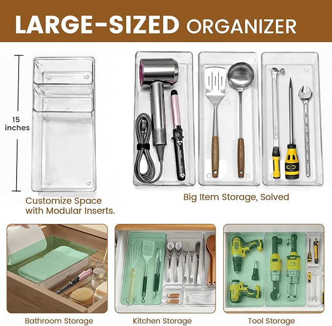 Clear Plastic Drawer Organizer Set with 15 Inch Extra Long Bins, 4 Sizes Large Acrylic Organizers for Kitchen Utensils, Bathroom Trays and Makeup Storage - Image 2