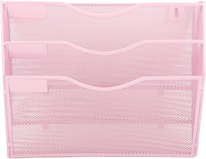 3 Pocket Mesh Hanging Wall File Organizer, Wall Mounted Mail Paper Document Folder Holder, Clipboard Storage Organization Magazine Rack with Nametag Label for Office Home School, Pink - Image 5