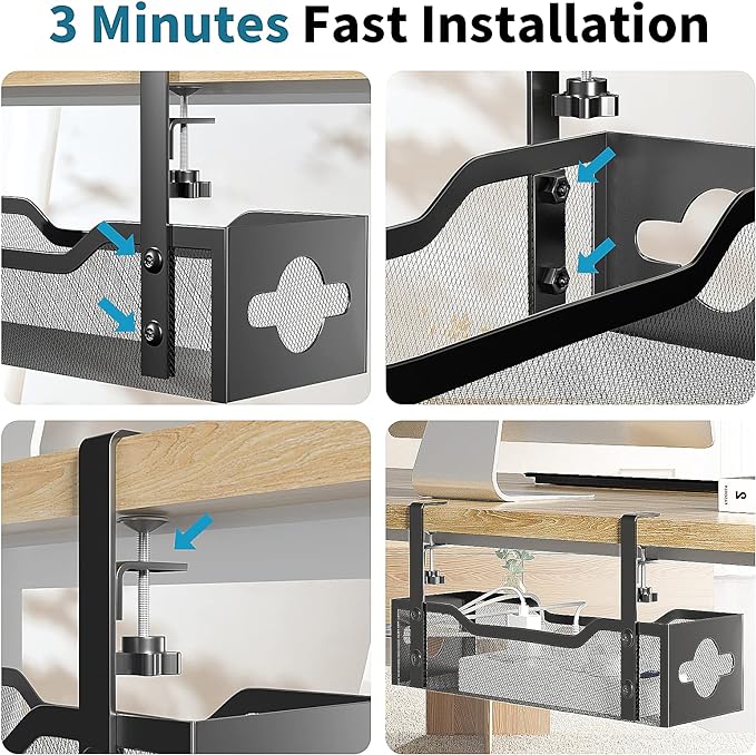 Under Desk Cable Management Tray Black, Litwaro Cable Management Under Desk No Drill, Cable Organizer with Clamp for Wire Management, Cord Organizer No Damage to Desk for Office, Home - Image 6