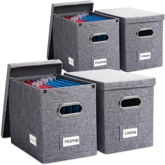 File Organizer Box - Set of 4 Collapsible Decorative Linen Filing Storage Hanging File Folders with Lids Office Cabinet Letter Size Grey (14x9.3x10.8 inch) by Prandom