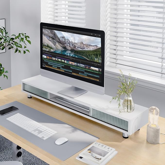 Fenge Dual Monitor Stand with Storage, Desk Shelf with Glass Sliding Door | Ergonomic Height Adjustment, 42.5in Monitor Shelf, 2-Tier Monitor Riser, Desk Organizer for Screen, PC, Laptop, White - Image 5