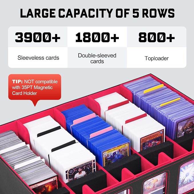 ZLCA Trading Card Storage Box 5-Row with Handle, MTG Storage Box | Holds 3900+ Cards with Commander Display, Top Loaders Organizer Case for TCG PTCG Sport Card(Black&Red) - Image 2