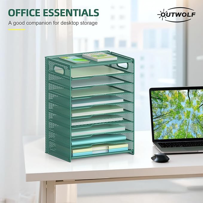 OUTWOLF 10 Tier Paper Organizer - Letter Tray Mesh Desk File Organizer with Handles for Office School Desktop, Green - Image 2