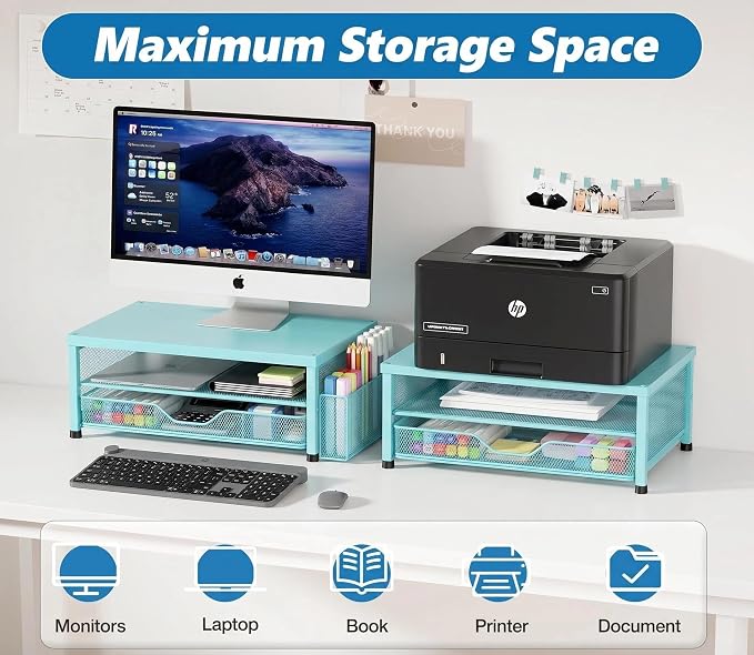 Computer Monitor Stand Riser, Desk Organizer with Drawer, Printer & Laptop Stand, Office Desk Accessories & Workspace Desktop Organizers Storage for Office Supplies(Blue) - Image 3