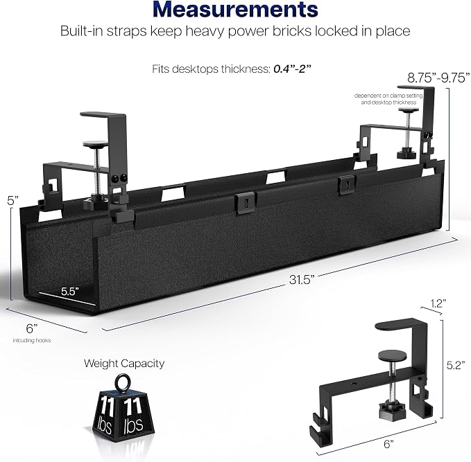 VIVO Clamp-on Under Desk 31 inch Fabric Cable Management Tray, Wire Concealer, Power Strip Storage, Workspace Organization, Easy Fold Down Access, Black, DESK-AC31F-C - Image 5