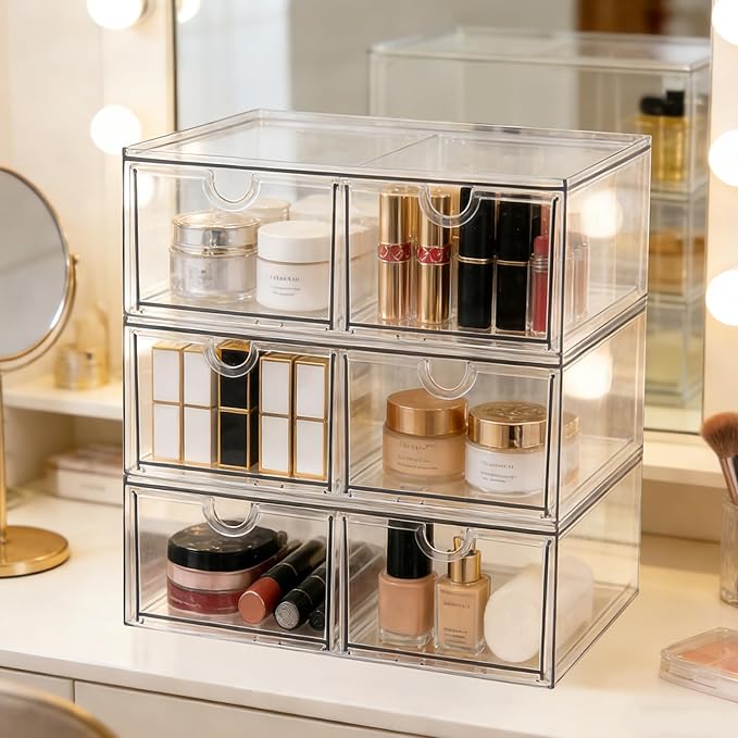 Prsildan 6 Small Drawers Stackable Storage Drawer Clear Acrylic Organizer | Makeup Organizers, Vanity Bathroom Kitchen Cabinets Under Sink Home Organization, 3 Pack - Image 2
