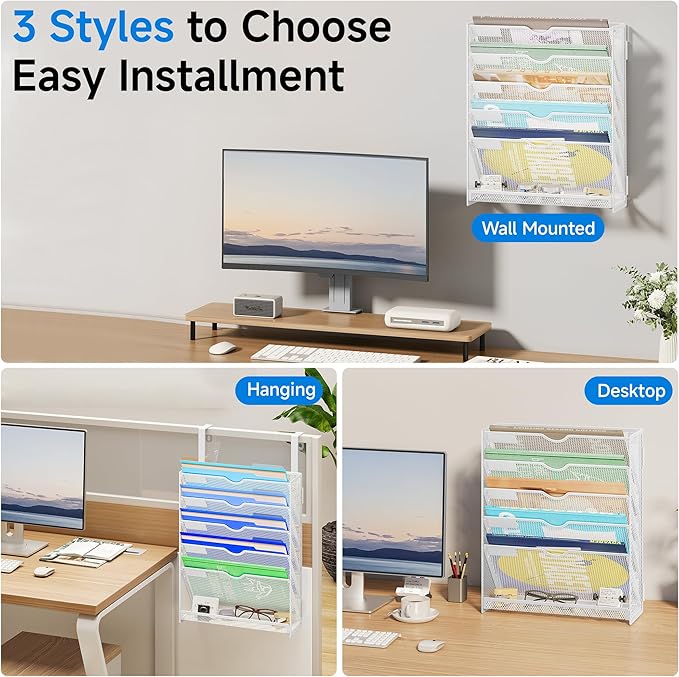Lavatino 6-Tier Hanging File Organizer, Wall Mount File Holder for Mails Folders Papers Magazine Organization, Vertical Document Organizer for Office Home - (White) - Image 4