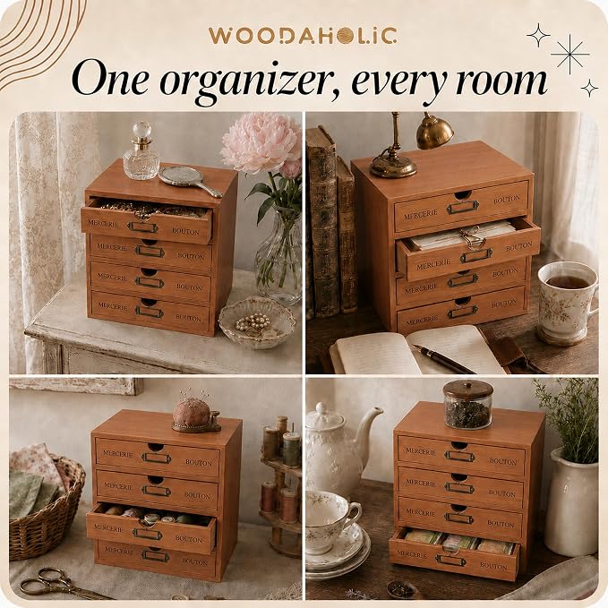 Modular Stackable Apothecary Cabinet 4 Drawer Desk Organizer - Retro Library Card Catalog Wood Storage Box - Organize Stationery, Thread Embroidery, Sewing, Crafts, Junk Drawer & Supplies Countertop - Image 5