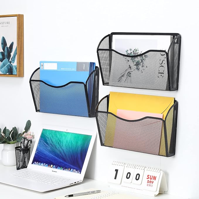 6 Pockets Wall File Organizer Metal Mesh Hanging Document Paper Holder Wall Mount Magazine Rack for Business Home Office Classroom, Black - Image 3