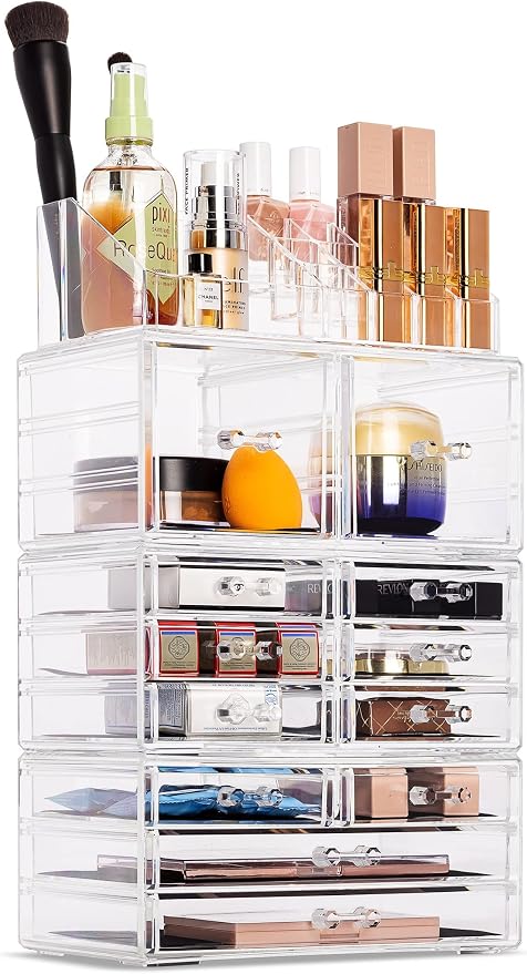 Sorbus Large Makeup Organizer - Clear Stackable Jewelry Makeup Organizer for Vanity, Bathroom Storage Display Case - 12 Drawers Cosmetic Beauty Organizers and Storage with Lipstick Makeup Brush Holder - Image 8