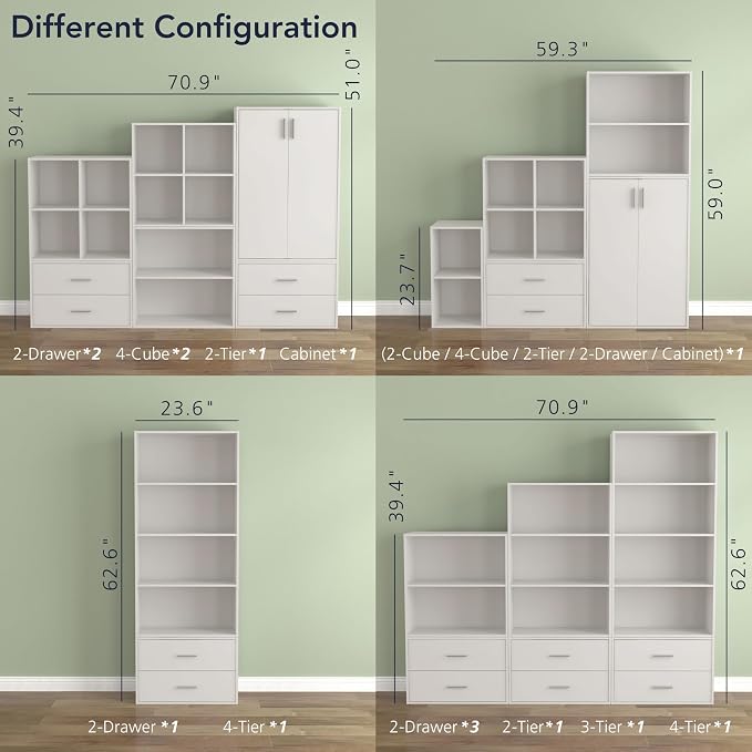 Homes: Inside + Out Apexa 3-Tier Stackable Wood Bookcase with Doors, Cube Storage Organizer Shelves, Small Food Pantry Cabinet, Dorm Teen Room Decor & Bedroom, Home Office, Kitchen, White - Image 10