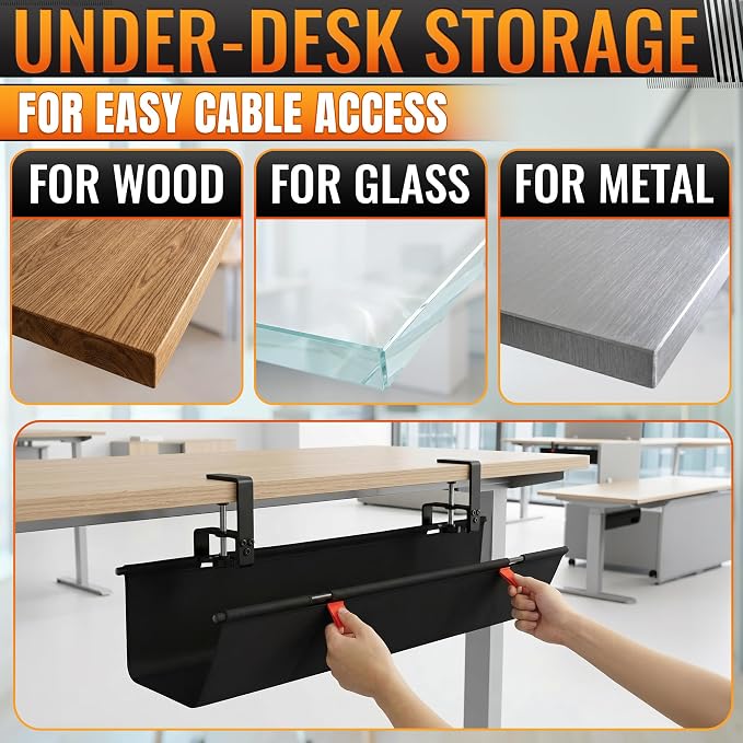 Under Desk Cable Management Tray 28" — No Drill Clamp-On Cord Organizer for Desk with Built-in Ties, Heavy Duty Metal Clamp, Foldable 600D Oxford Fabric for Home Office, WFH & Gaming PC Setup (Black) - Image 7
