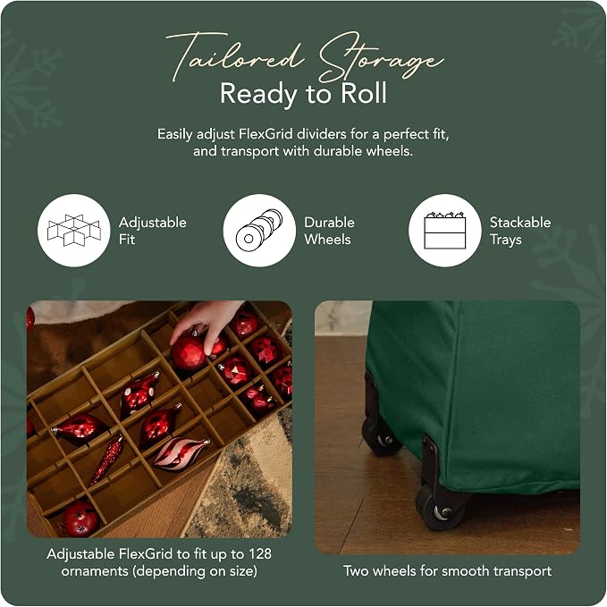 Covermates Keepsakes Rolling Adjustable Ornament Storage Bag – Heavy-Duty Polyester, FlexGrid Trays & Padded Dividers – Protective Holiday Organizer with Wheels, Handles & ID Window, Green - Image 5