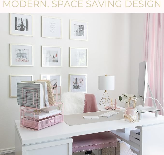 BLU MONACO | Pink Desk Organizer with Drawer | Wire Mesh Desk Organizer File Sorter | Metal Desktop Storage for Office Workspace - Image 6