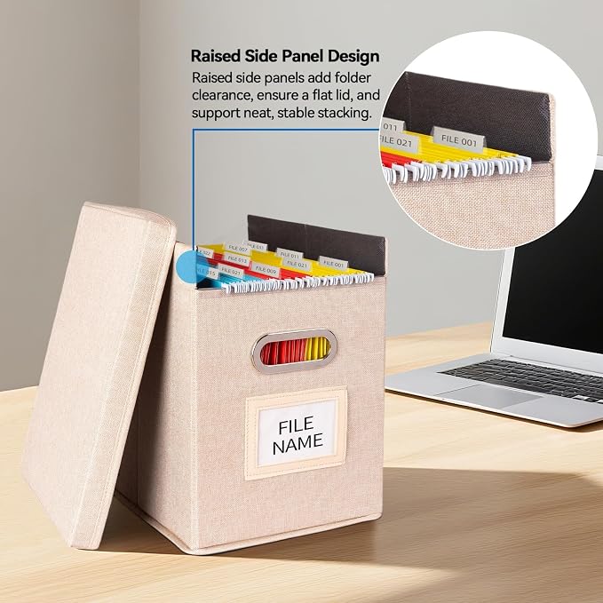 2 Pack Hanging File Folders Organizer with Lid, Letter Size Fabric File Storage Box Collapsible, Portable Office Document Holder with Metal Handle, Smooth PVC Rails, Beige - Image 4