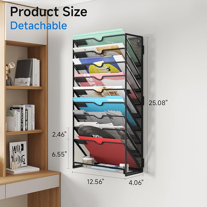 Lavatino 10-Tier Hanging File Organizer, Wall Mount File Holder for Mails Folders Papers Magazine Organization, Vertical Document Organizer for Office Home Black - Image 5