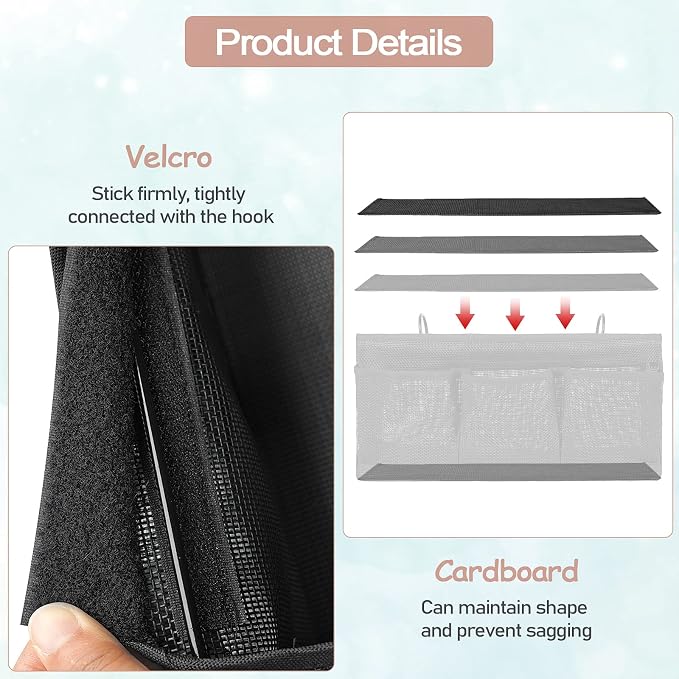 Bedside Caddy Bedside Hanging Organizer Bag with 3 Pockets for Dorm Hospital College Bunk Bed to Storage Books Phones Remote Control (Black) - Image 4