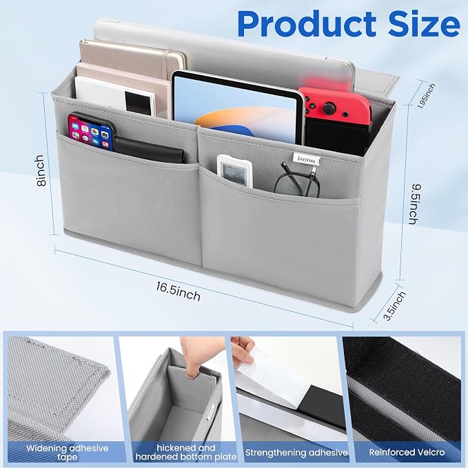 Desk Side Hanging Organizer, Adhesive Storage Bag with Pockets for Magazine Ipad Notebook, for End Tables Home Office Desks Computer Workstations Dressing Table, Grey - Image 4