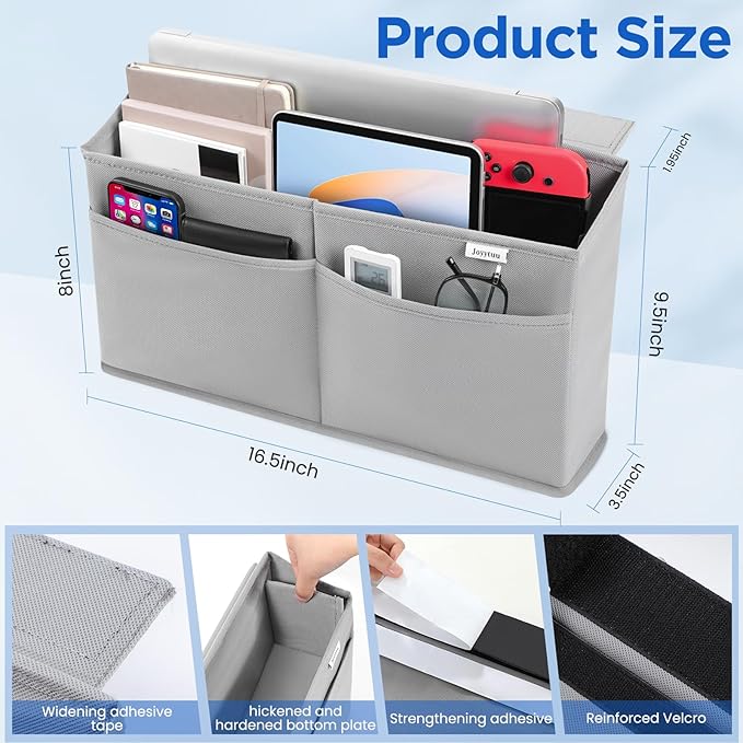 2 Pack Desk Side Hanging Organizer, Adhesive Storage Bag with Pockets for Magazine Ipad Notebook, for End Tables Home Office Desks Computer Workstations Dressing Table, Grey - Image 4