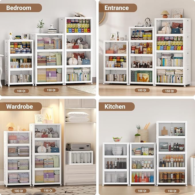 BROVIEW 480QT Large Stackable Storage Bins with Clear Doors, V20 3Pack | 120Gal Plastic Closet Organizer Cabinet with Lid and Wheels, Collapsible Latch Box Folding Drawer for Home, White - Image 7