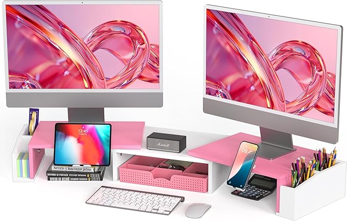 Simple Houseware Desk Dual Monitor Stand Riser with Drawer, Pink | Customizable Organizer Tray, Built-In Phone & Tablet Slot and Side Storage by SimpleHouseware