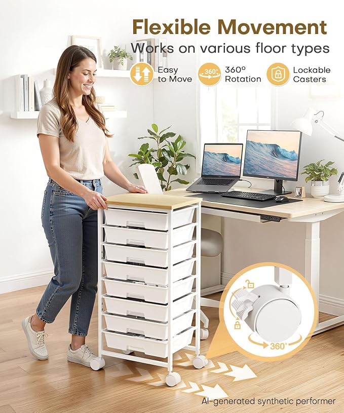 Homde Rolling Storage Drawer Cart: 8-Drawer Sort to Clear Desk & Dresser Clutter - Anti-Fall Smooth Glide Prevents Spill-Out During Daily Grab - Lockable Wheels Keep It Steady - Image 5