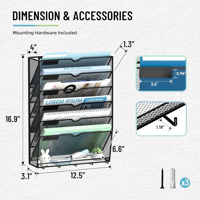 7-Tier Wall File Organizer with 5 Hooks, Wall Mounted Mail Organizer | File Holder Organizer, Metal Mesh Office Wall Organizer for Home, School & Classroom - Image 3