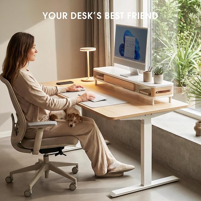 Fenge Dual Monitor Stand with Large Storage Drawer, 42.5" Dsek Shelf, White | Slide-Out Drawer with Wood Grain Finish, Ergonomic Monitor Riser, Aluminum leg, 2-Tier Desk Organizer for Laptop, TV, PC - Image 6
