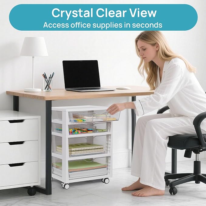 Vtopmart 4-Tier Plastic Drawer Storage Rolling Cart with Wheels | Clear Drawers, Multiple Size Storage, Visible Organization, Sturdy Design, Under Desk, Office, Makeup, Crafts & Art Storage - Image 8