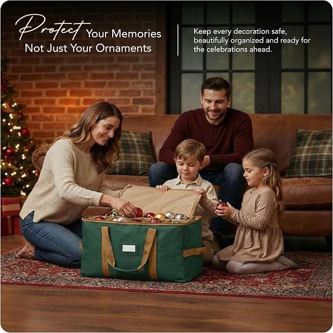 Covermates Keepsakes Adjustable Ornament Storage Bag – Heavy-Duty Polyester, Padded Dividers & FlexGrid Trays – Protective Holiday Ornament Organizer with Handles & Label Window, Green - Image 2